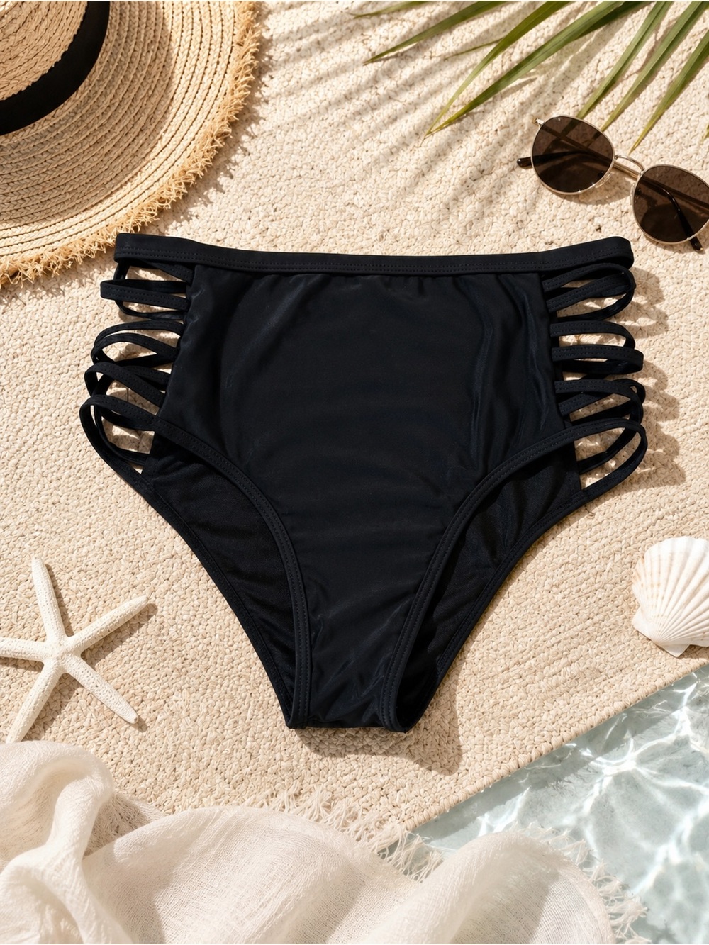SHESHOW Black High Waisted Strappy Bikini Bottom Size L Cutout Swim Bottom
